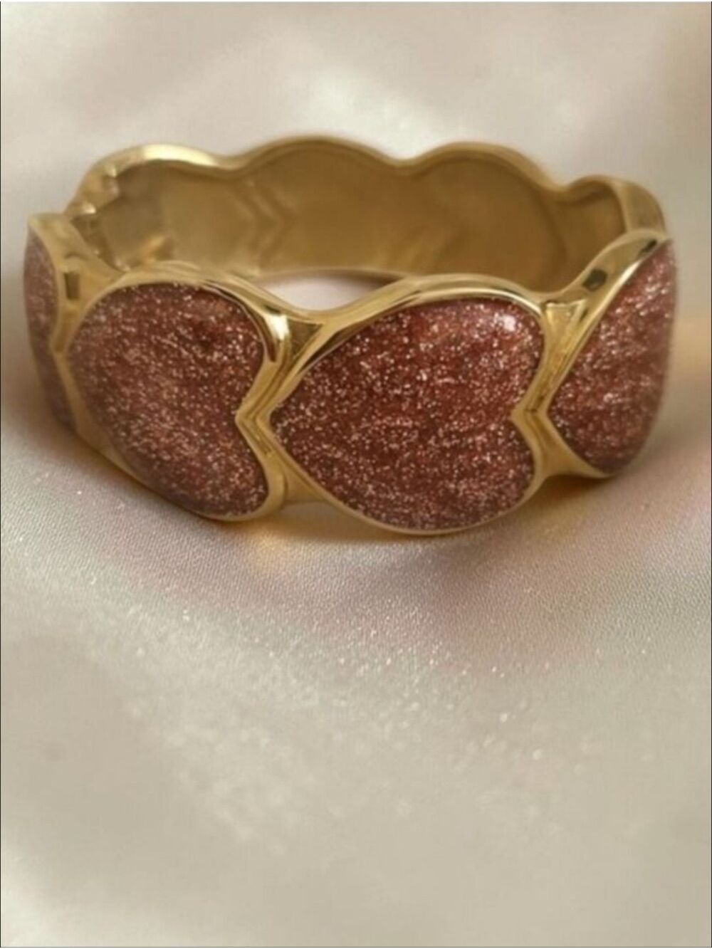 Y2K Gold Tone Sparkling Heart Hinged Cuff Bracelet